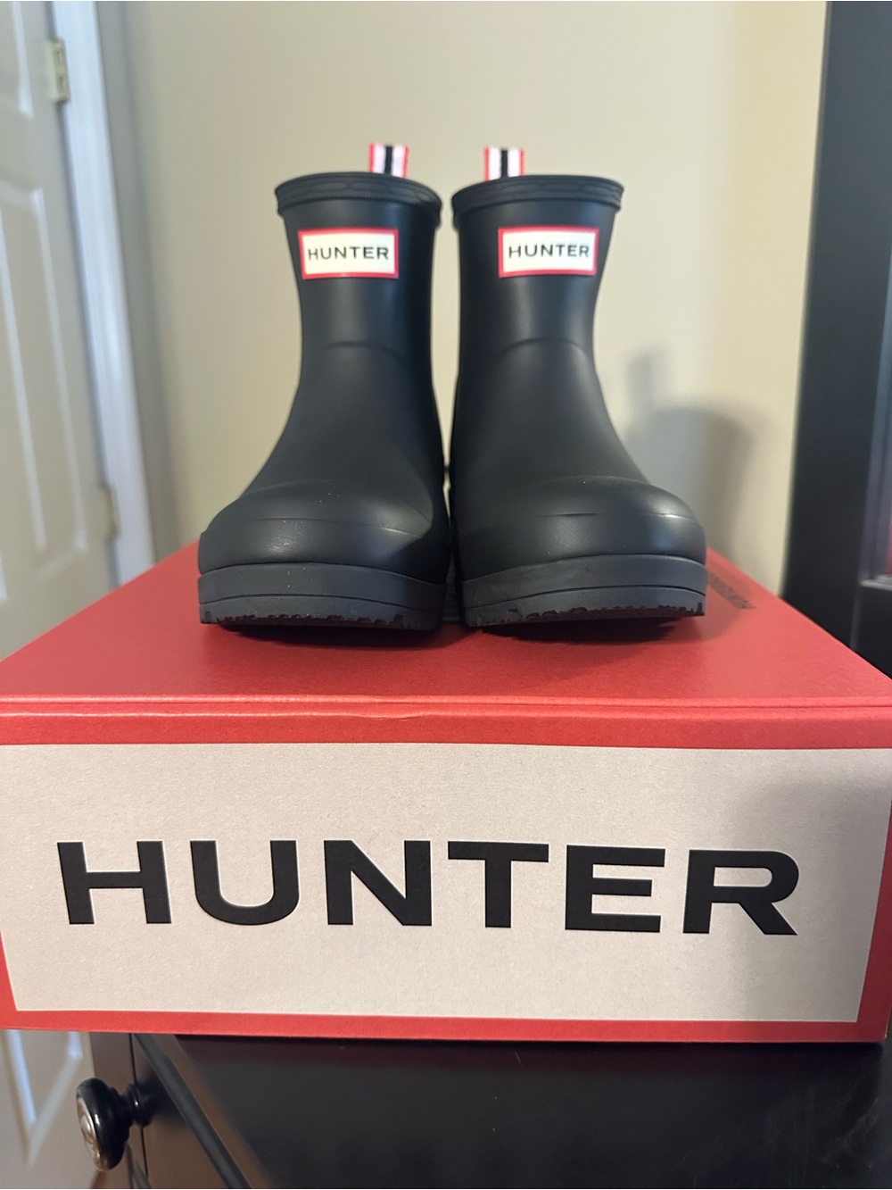 Hunter Black Short Rain Boots with Red-Trim Logo